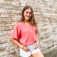 The Nora Coral Linen Top