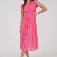 The Adeline Pink Smocked Midi Dress