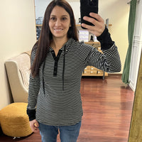 Black and white striped soft hooded Henley long sleeve