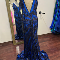 (13)Jovani Black & Navy Sequin Statement Gown – Size 20