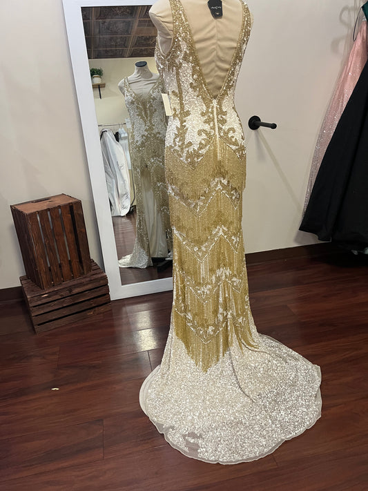 Jovani Gold & Ivory Sequin Fringe Gown – Size 8