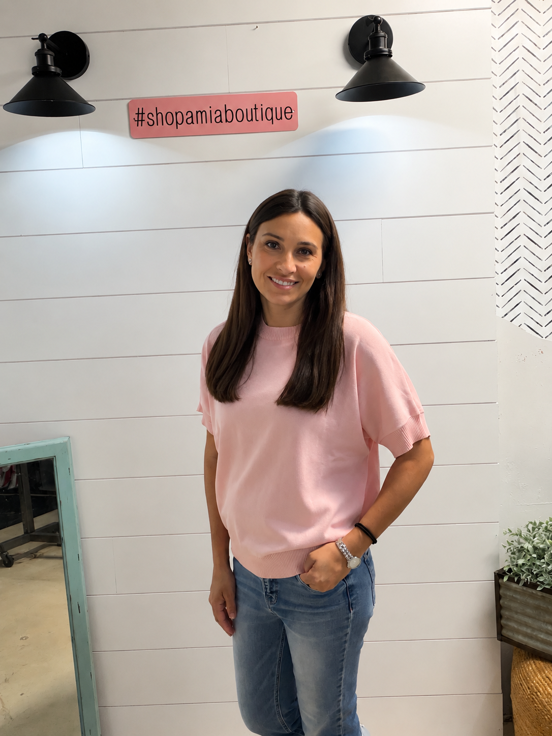 Blush Breeze Sweater Tee With cropped jeans