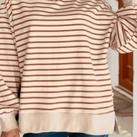Women's detailed long sleeve top in Khaki and cream stripes.