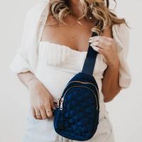 Sling bag puffer bag in navy and gold zippers