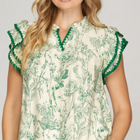 Sweet Style Ruffle Sleeve Printed Woven Top