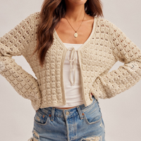 Women's Tie Front Bell Sleeve Crochet Cardigan