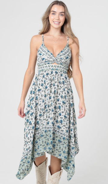 Blue Floral Twist Front Maxi Dress