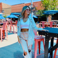 The Megan Oversized Grey and White Striped Woven Top