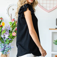 The Pam Black Rib Ruffle Sleeve Top