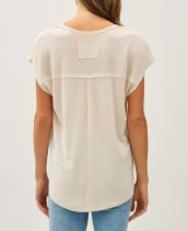 Detailed V-Neck Linen Tee-Natural