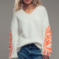Floral Sleeve Fuzzy Knit Sweater