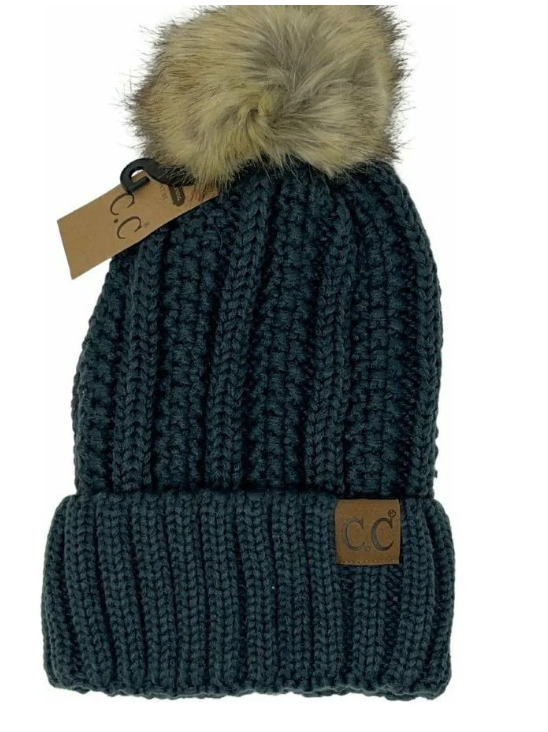 C.C. Beanie fur Pom Teal Grey