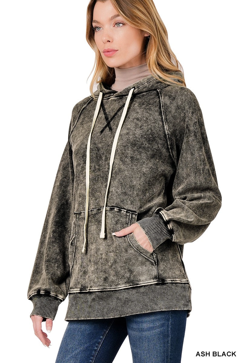 The Lori Ash Black Acid Wash Hoodie with Pocket