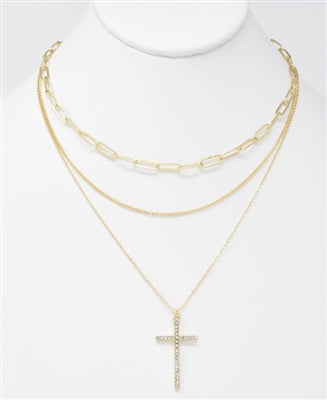 Gold Three Layered Necklace with Rhinestone Cross