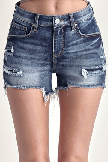 Risen Mid Rise Patched Jean Shorts