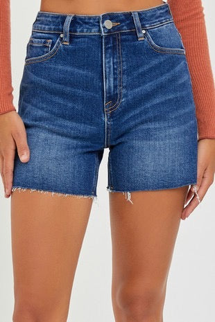 Risen High Rise Raw Hem Jean Shorts