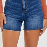 Risen High Rise Raw Hem Jean Shorts