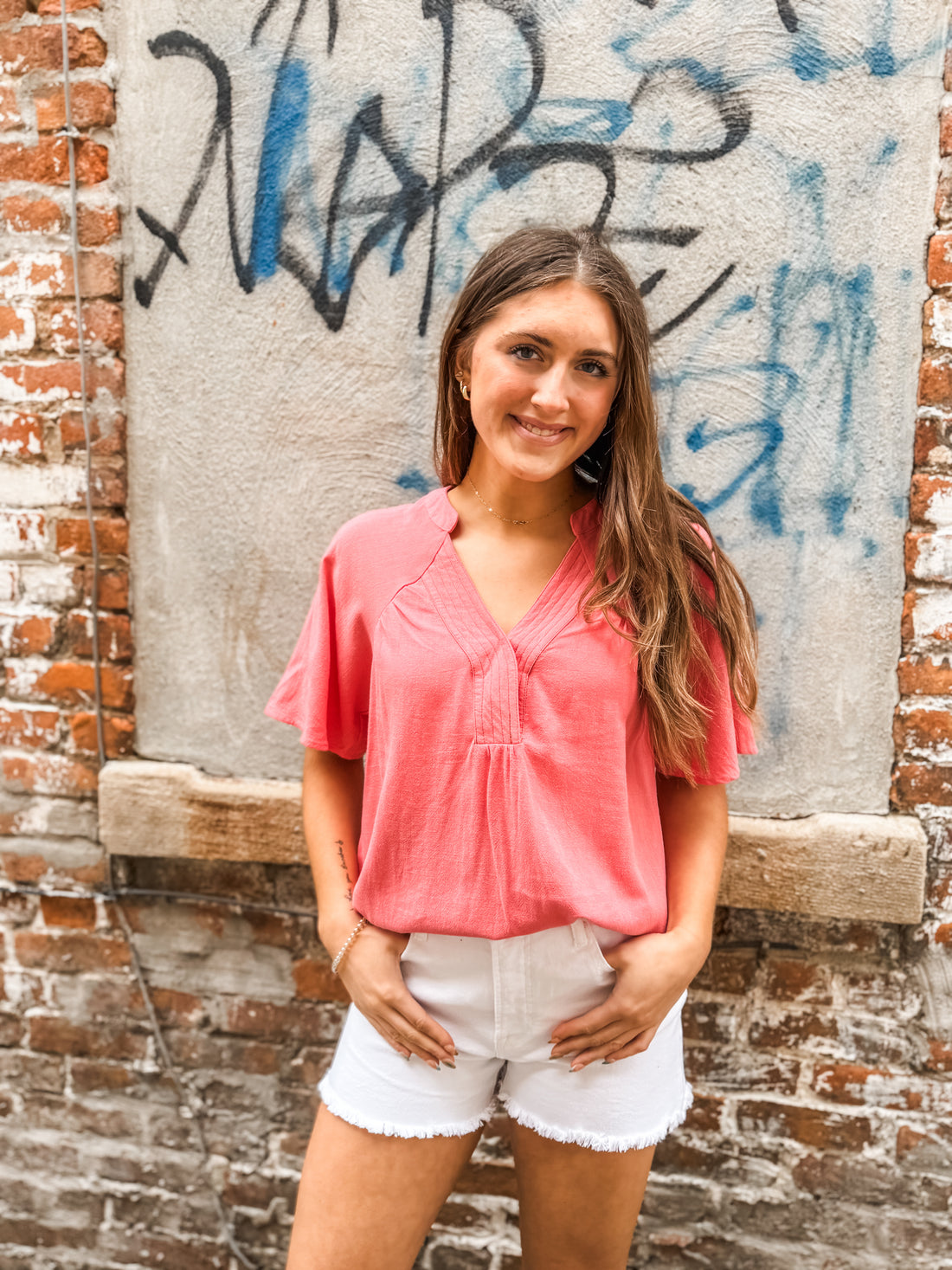 The Nora Coral Linen Top
