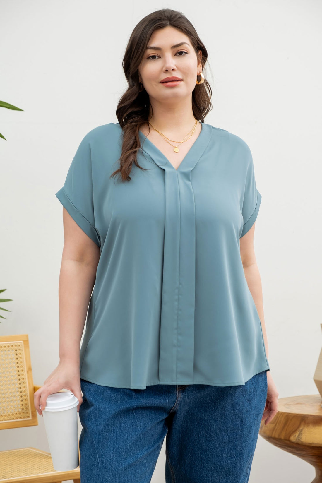 PLUS The Luna V Neck Roll Up Sleeve Blouse