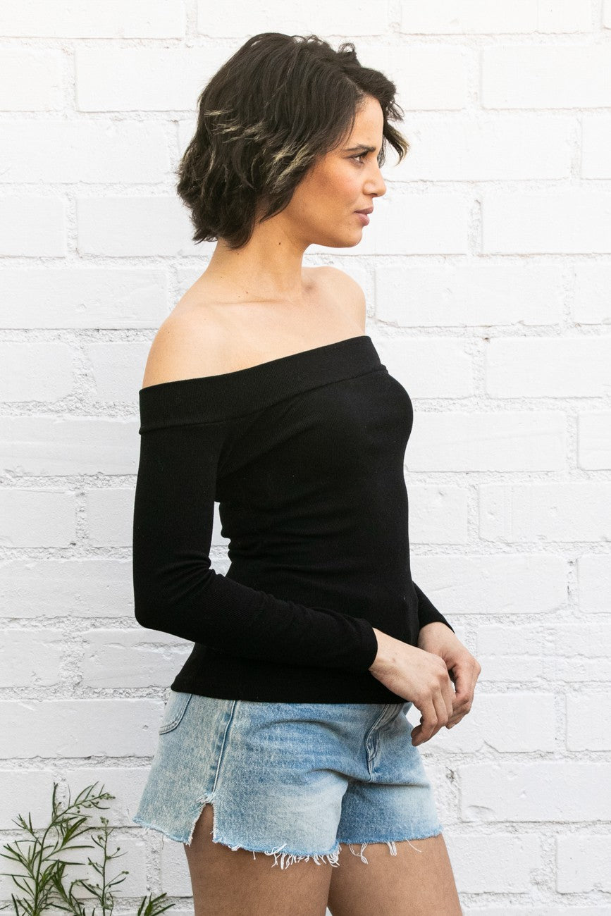 The Molly Black Off-The-Shoulder Ribbed Top