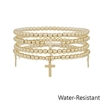 Gold Beaded Cross Charm 4-Pk Bracelet