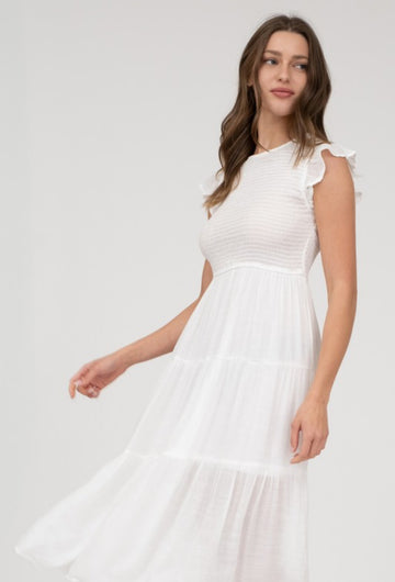 The Adeline White Smocked Midi Dress
