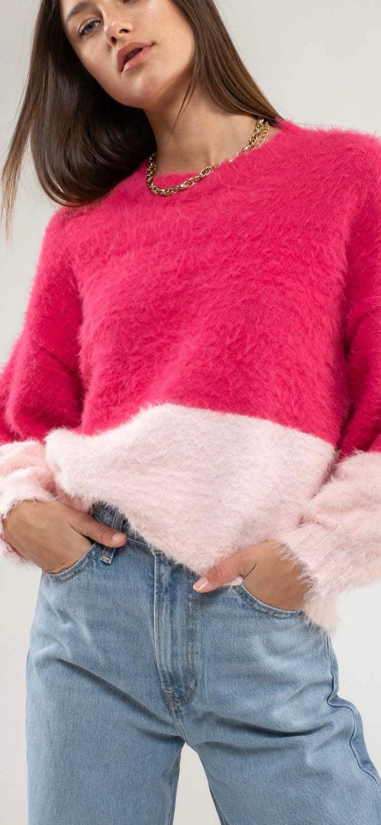 Split Decision Pink Fuzzy Sweater