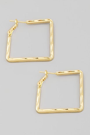 Textured Flat Metallic Square Hoop Earrings (2 Colors)