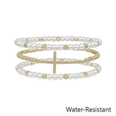 Thick Three Layer Gold Beaded Pearls with Cross Bracelet