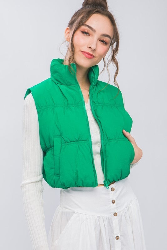 The Darla Green Cropped Puffer Vest
