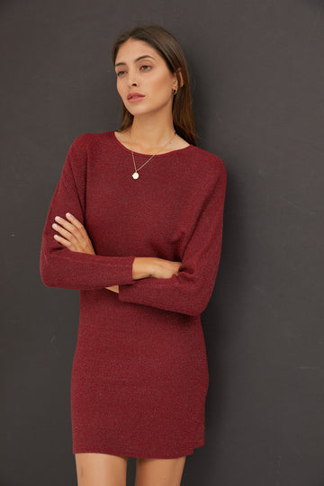 The Aubrie Lurex Sweater Dress in Burgundy