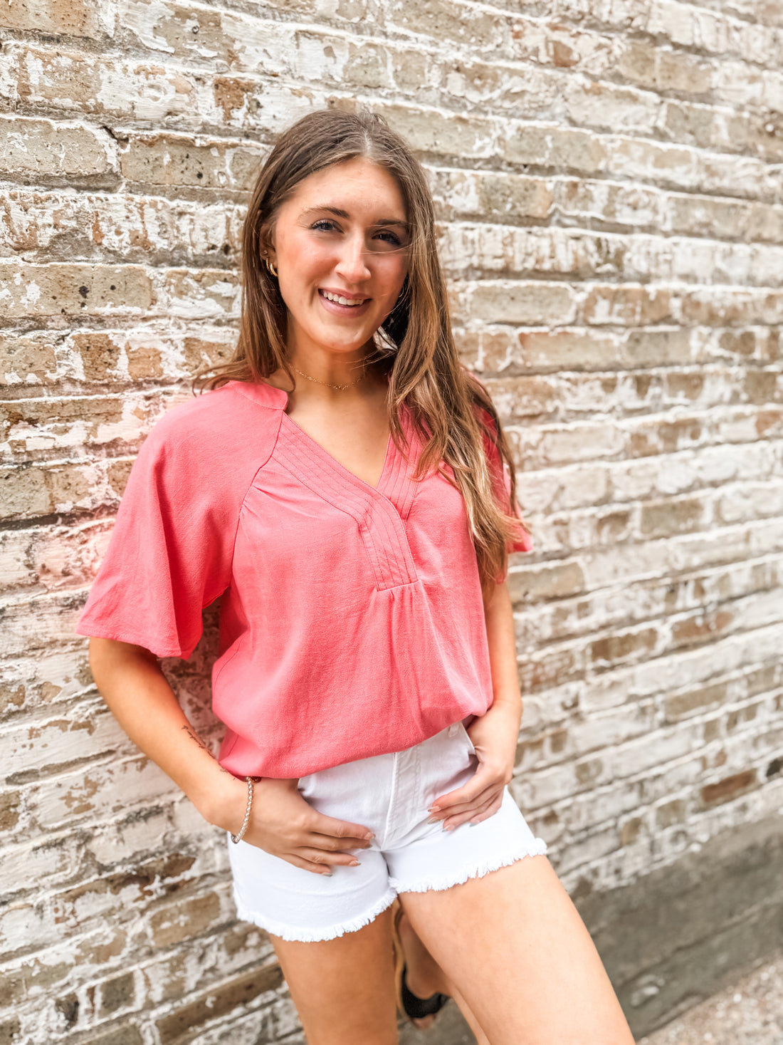 The Nora Coral Linen Top