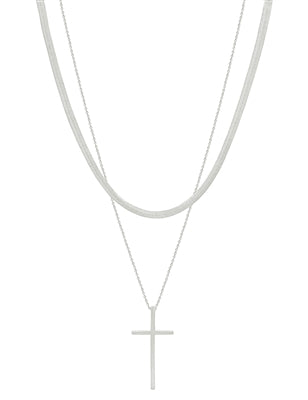 Matte Silver Layered Snake and Cross Necklace