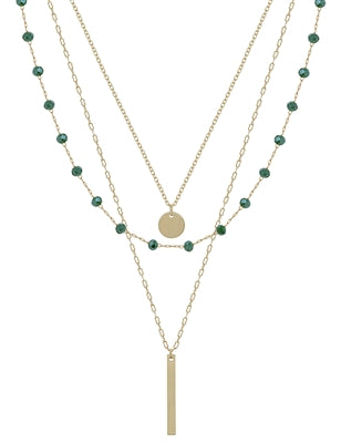Gold Bar Three Layered Necklace with Green Crystals