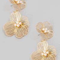 Double Flat Metallic Flower Dangle Earrings