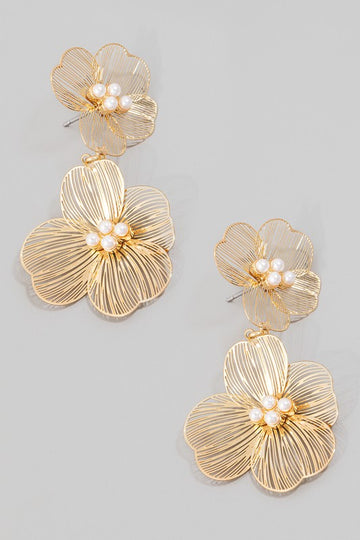 Double Flat Metallic Flower Dangle Earrings