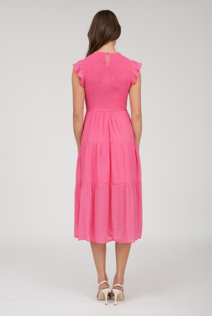 The Adeline Pink Smocked Midi Dress