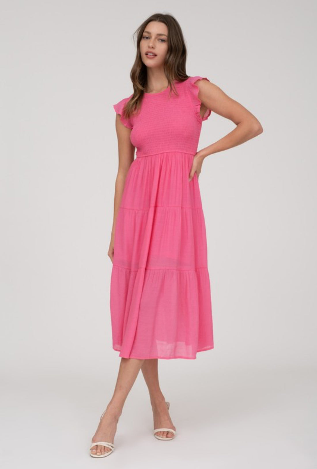 The Adeline Pink Smocked Midi Dress