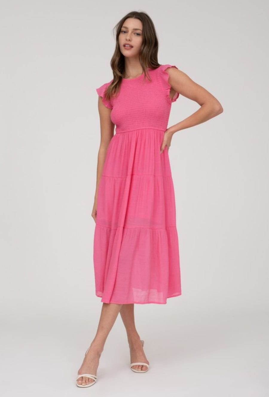The Adeline Pink Smocked Midi Dress