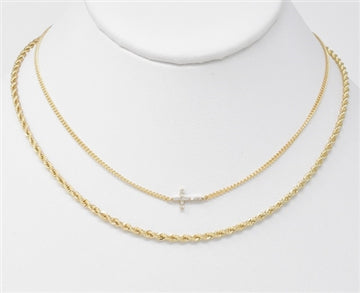 Gold Braided Chain Layered with Rhinestone Cross Necklace
