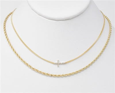 Gold Braided Chain Layered with Rhinestone Cross Necklace