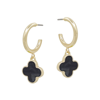 Gold Huggie Hoop with White/Black Epoxy Clover Earrings