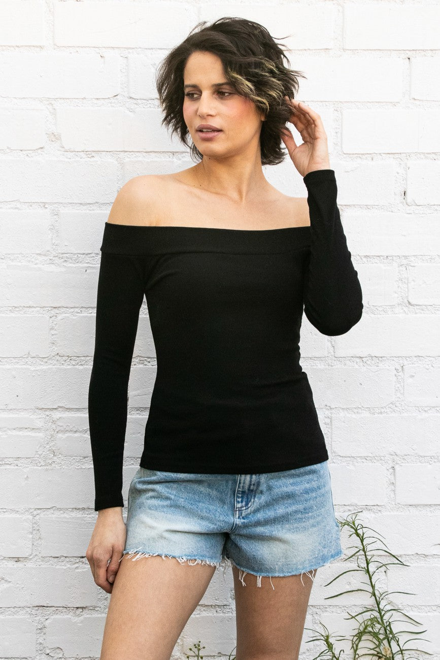 The Molly Black Off-The-Shoulder Ribbed Top