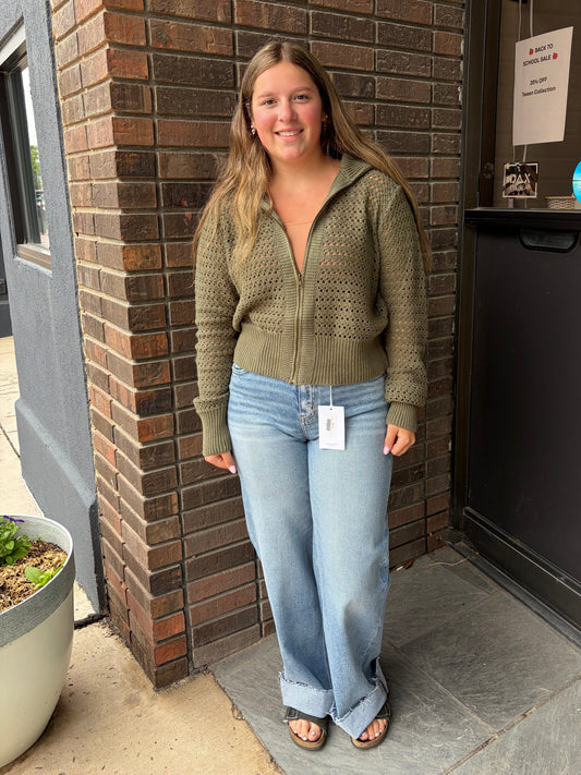 Olive Pointelle Sweater Jacket