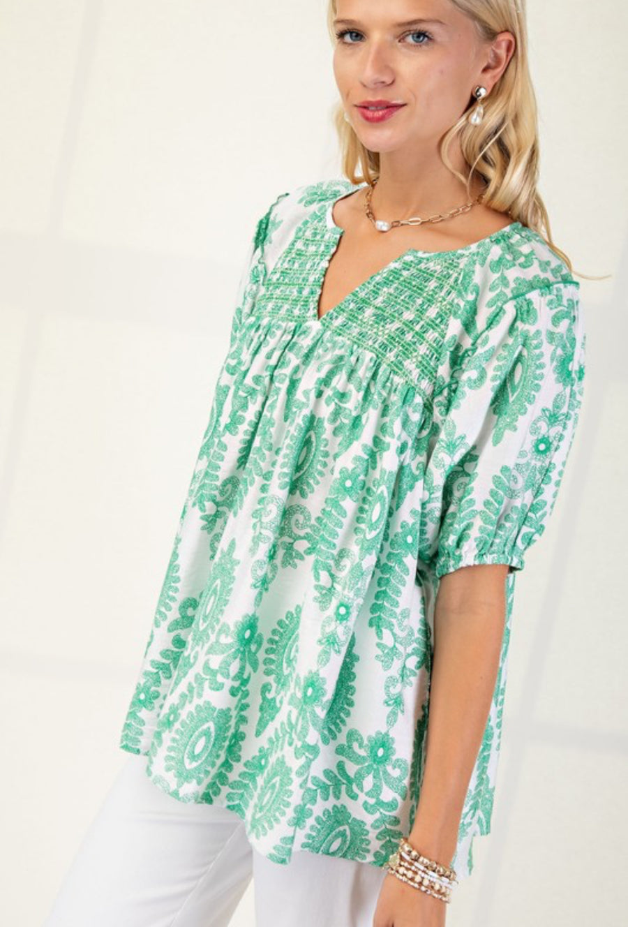 The Hazel Smocked Short Sleeve Top