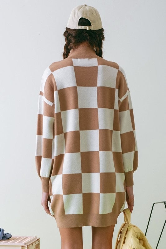 The Maci Taupe Checkered Sweater Dress