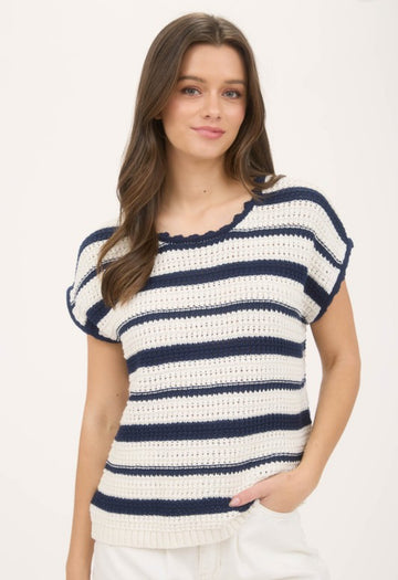 The Nova Navy Stripe Scallop Trim Sweater