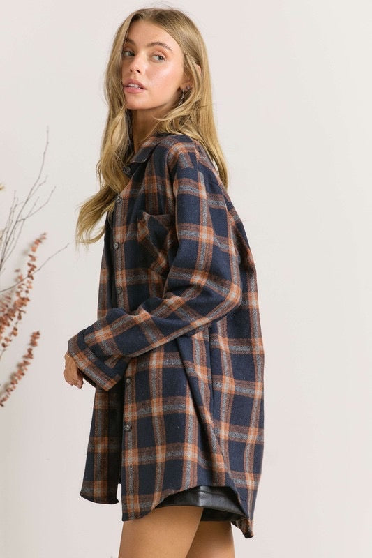 To Be Happy Blue Flannel Shirt Dress
