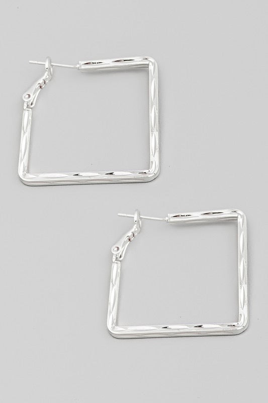 Textured Flat Metallic Square Hoop Earrings (2 Colors)