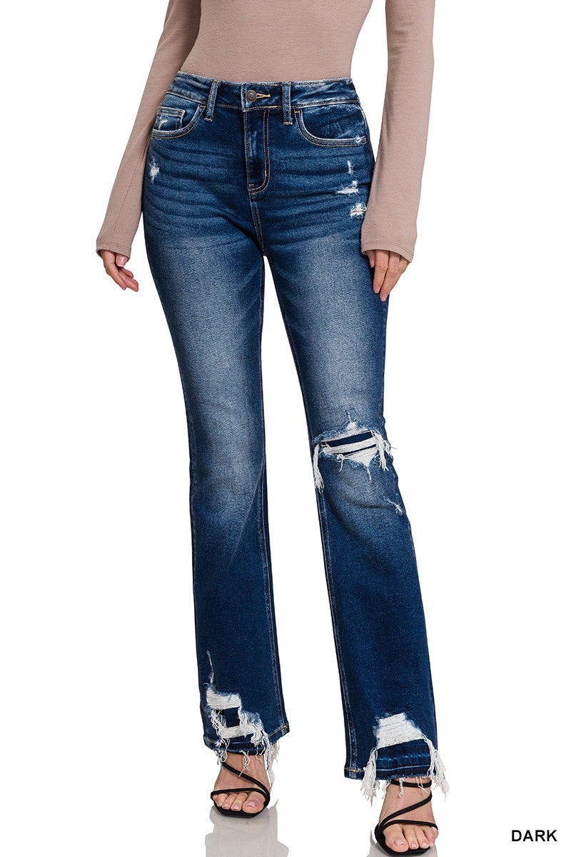 Zenana Distressed Patch Flare Jeans